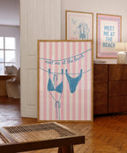 Meet Me at the Beach Wall Art, Coastal Bikini Poster, Pink Striped Beach Print, Preppy Summer Decor Beach House Print Bikini Line Art Poster