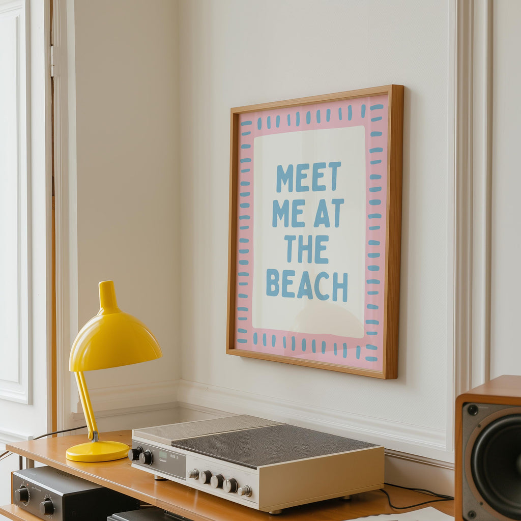 Meet Me at the Beach Wall Art, Coastal Quote Poster, Pink Blue Beach Print, Preppy Coastal Decor, Beach House Wall Art, Digital Download