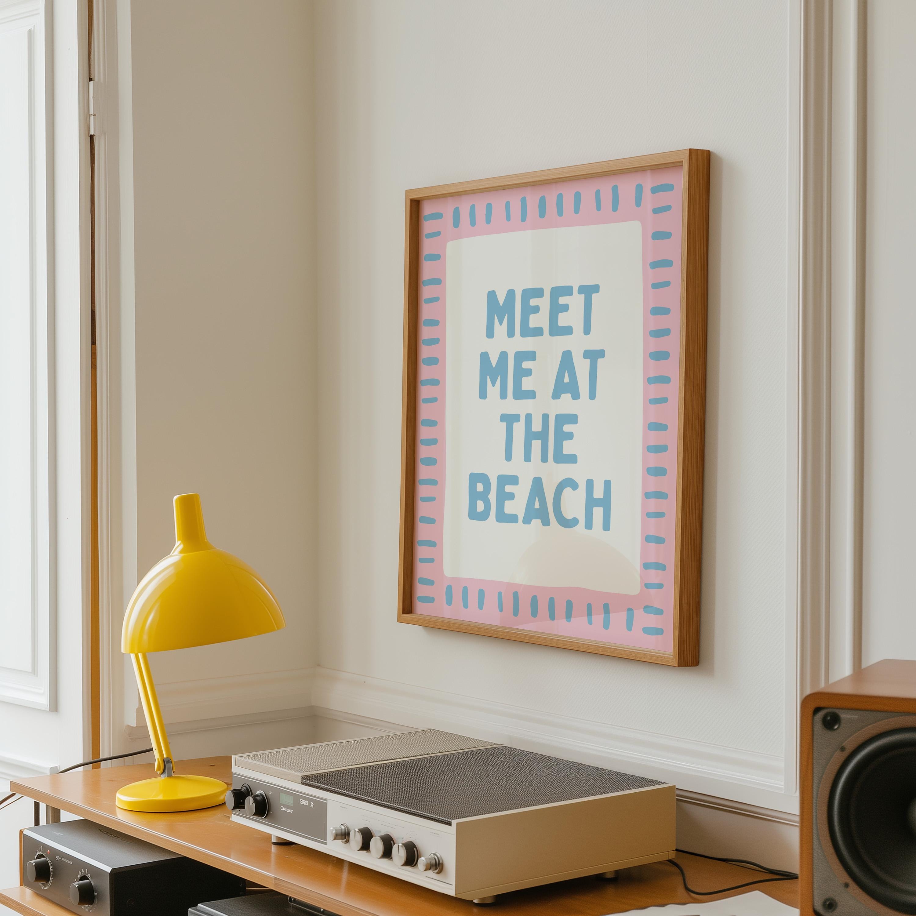 Meet Me at the Beach Wall Art, Coastal Quote Poster, Pink Blue Beach Print, Preppy Coastal Decor, Beach House Wall Art, Digital Download