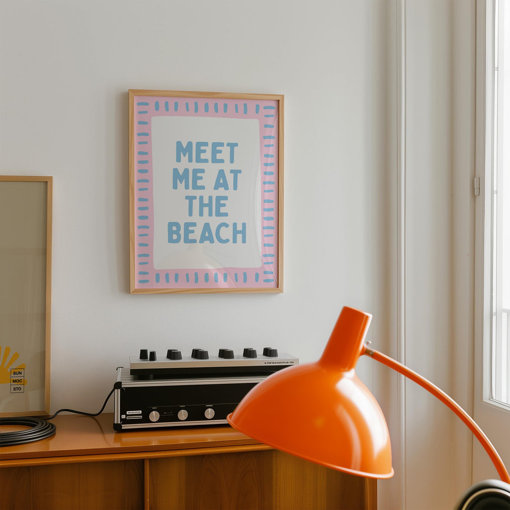 Meet Me at the Beach Wall Art, Coastal Quote Poster, Pink Blue Beach Print, Preppy Coastal Decor, Beach House Wall Art, Digital Download