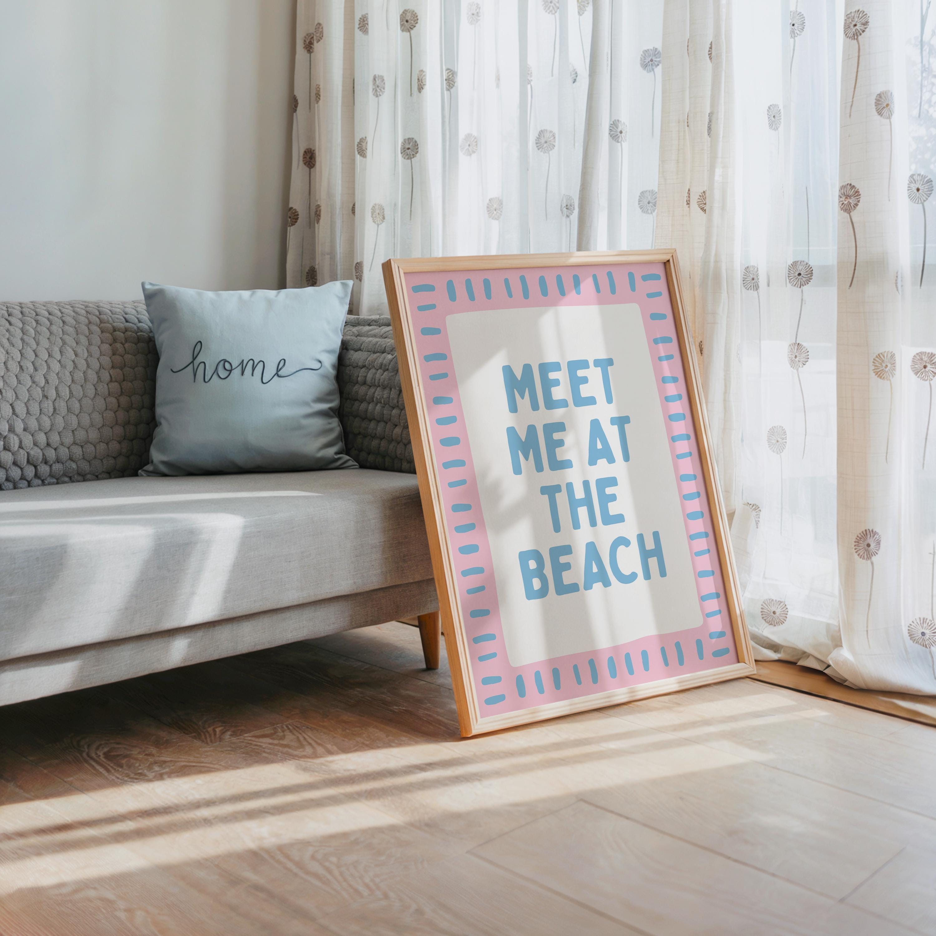 Meet Me at the Beach Wall Art, Coastal Quote Poster, Pink Blue Beach Print, Preppy Coastal Decor, Beach House Wall Art, Digital Download