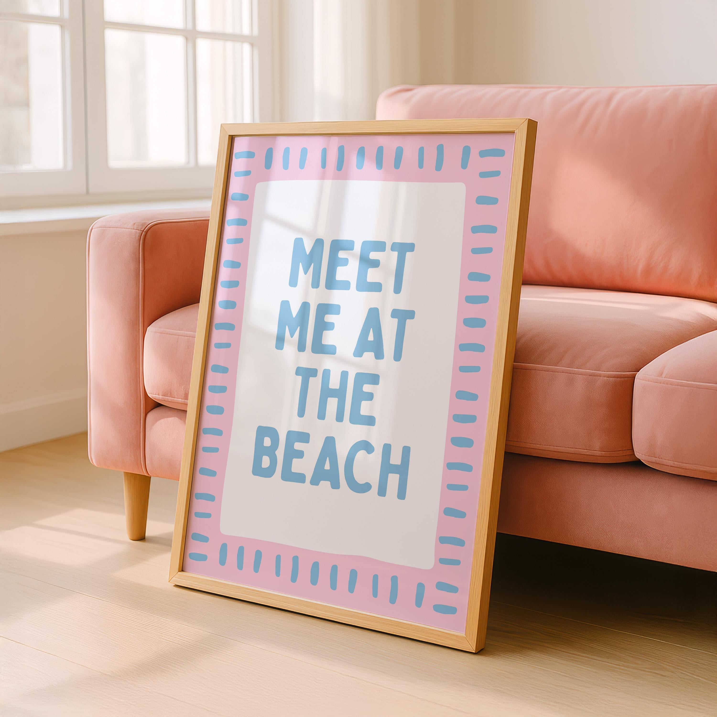 Meet Me at the Beach Wall Art, Coastal Quote Poster, Pink Blue Beach Print, Preppy Coastal Decor, Beach House Wall Art, Digital Download