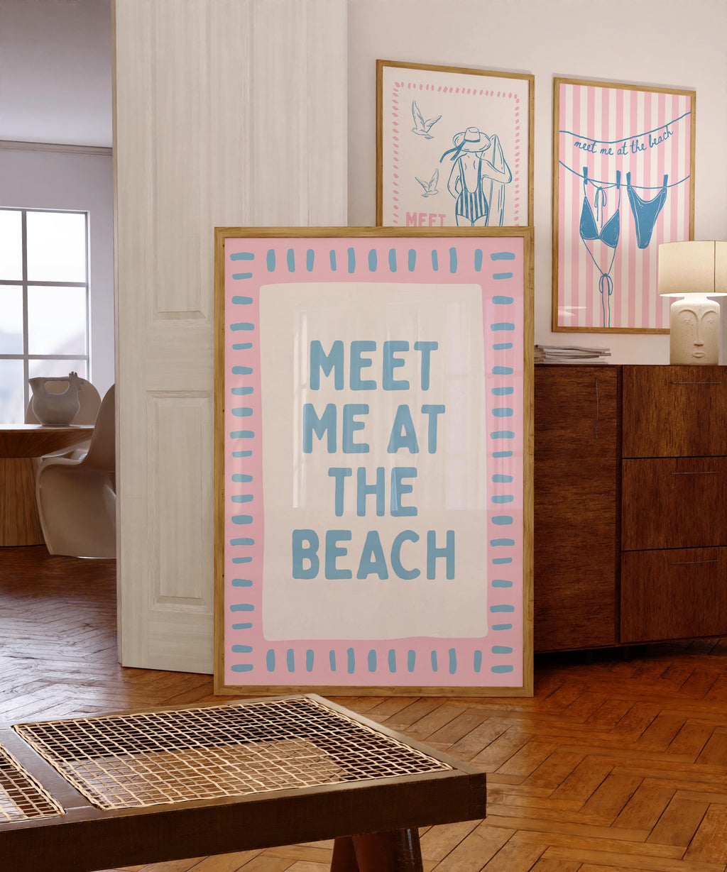 Meet Me at the Beach Wall Art, Coastal Quote Poster, Pink Blue Beach Print, Preppy Coastal Decor, Beach House Wall Art, Digital Download
