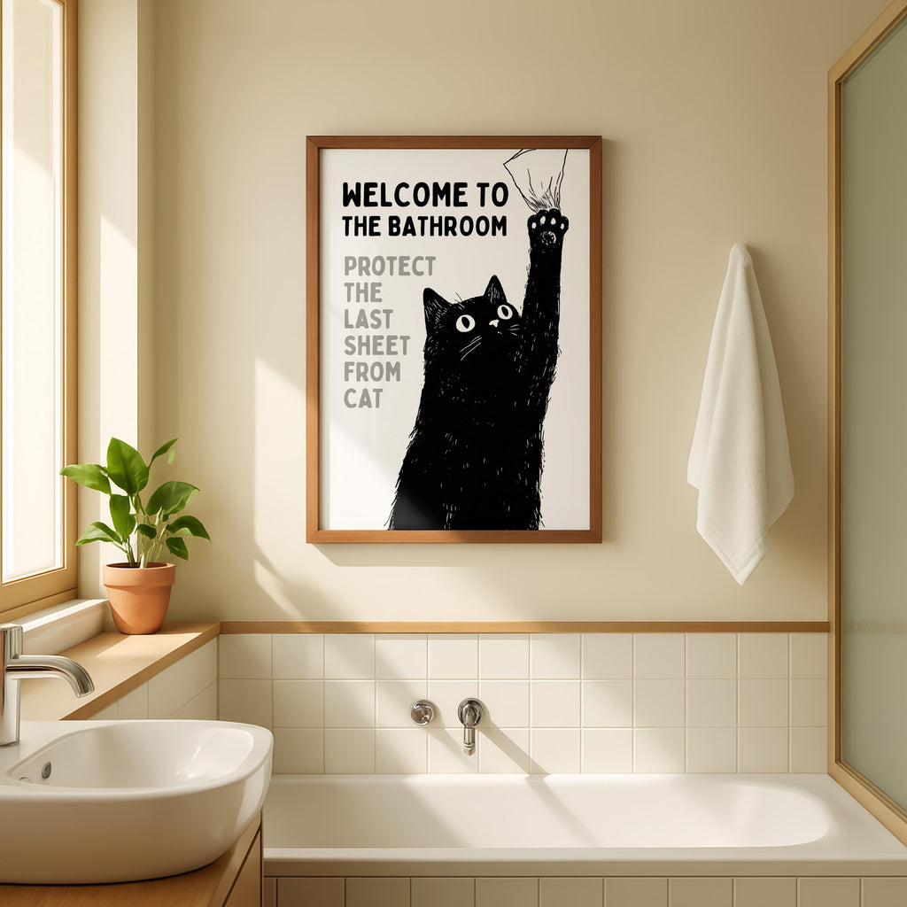 Funny Cat Bathroom Wall Art, Welcome to the Bathroom Print, Protect the Last Sheet Poster, Guest Bathroom Decor, Humor Printable, DIGITAL