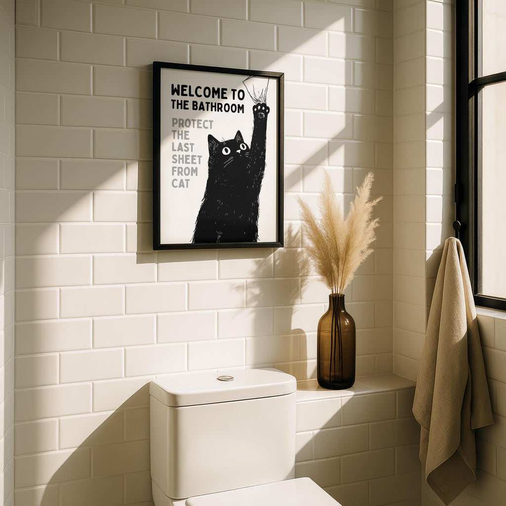 Funny Cat Bathroom Wall Art, Welcome to the Bathroom Print, Protect the Last Sheet Poster, Guest Bathroom Decor, Humor Printable, DIGITAL