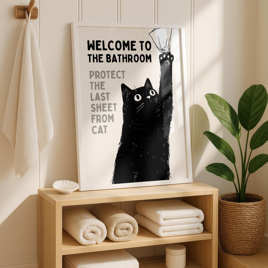 Funny Cat Bathroom Wall Art, Welcome to the Bathroom Print, Protect the Last Sheet Poster, Guest Bathroom Decor, Humor Printable, DIGITAL