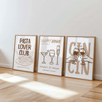 Kitchen Wall Art Set of 6, Cin Cin Wine Posters, Pasta Lover Club Art, Happy Hour Dining Decor, Neutral Kitchen Prints, Bar Cart Bundle