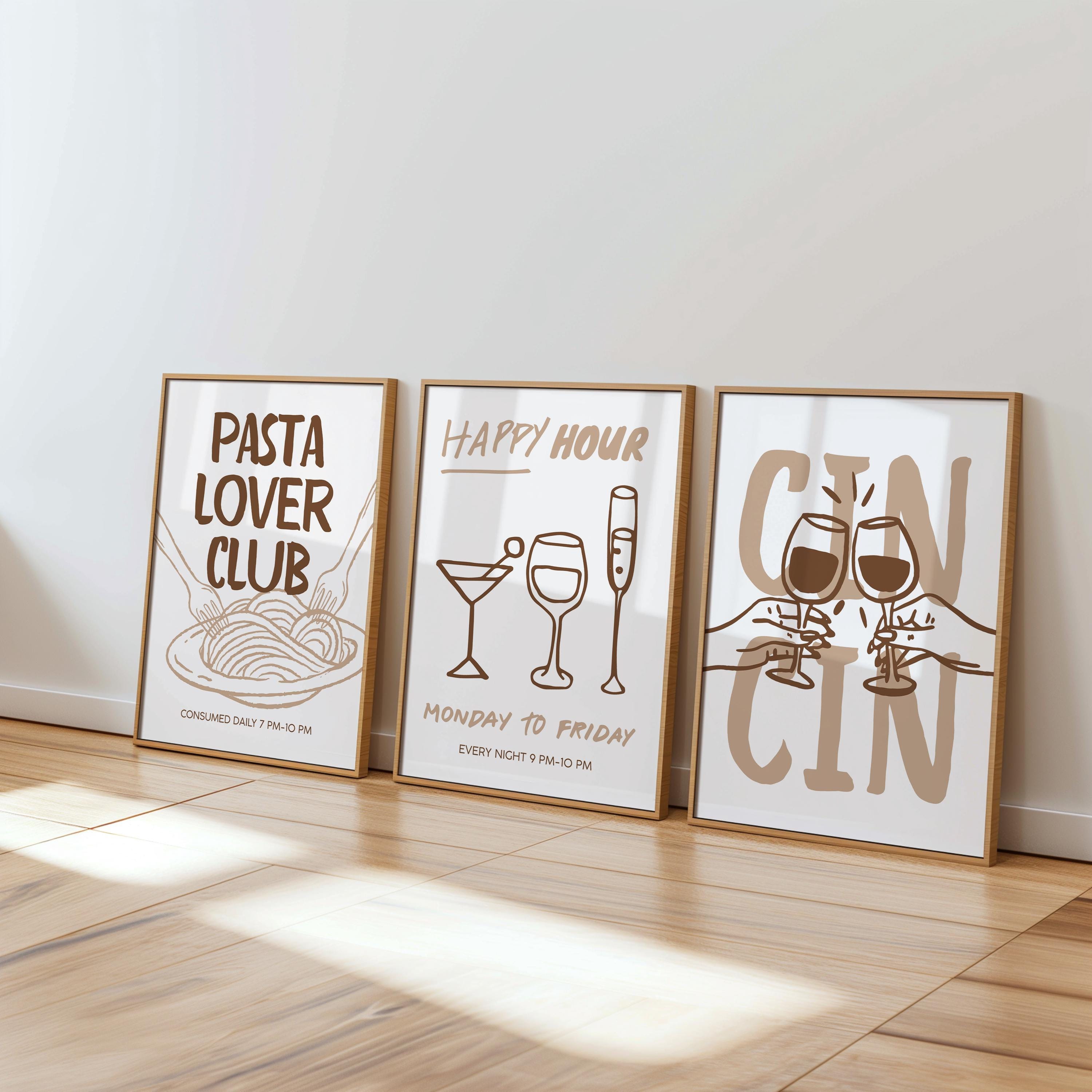 Kitchen Wall Art Set of 6, Cin Cin Wine Posters, Pasta Lover Club Art, Happy Hour Dining Decor, Neutral Kitchen Prints, Bar Cart Bundle