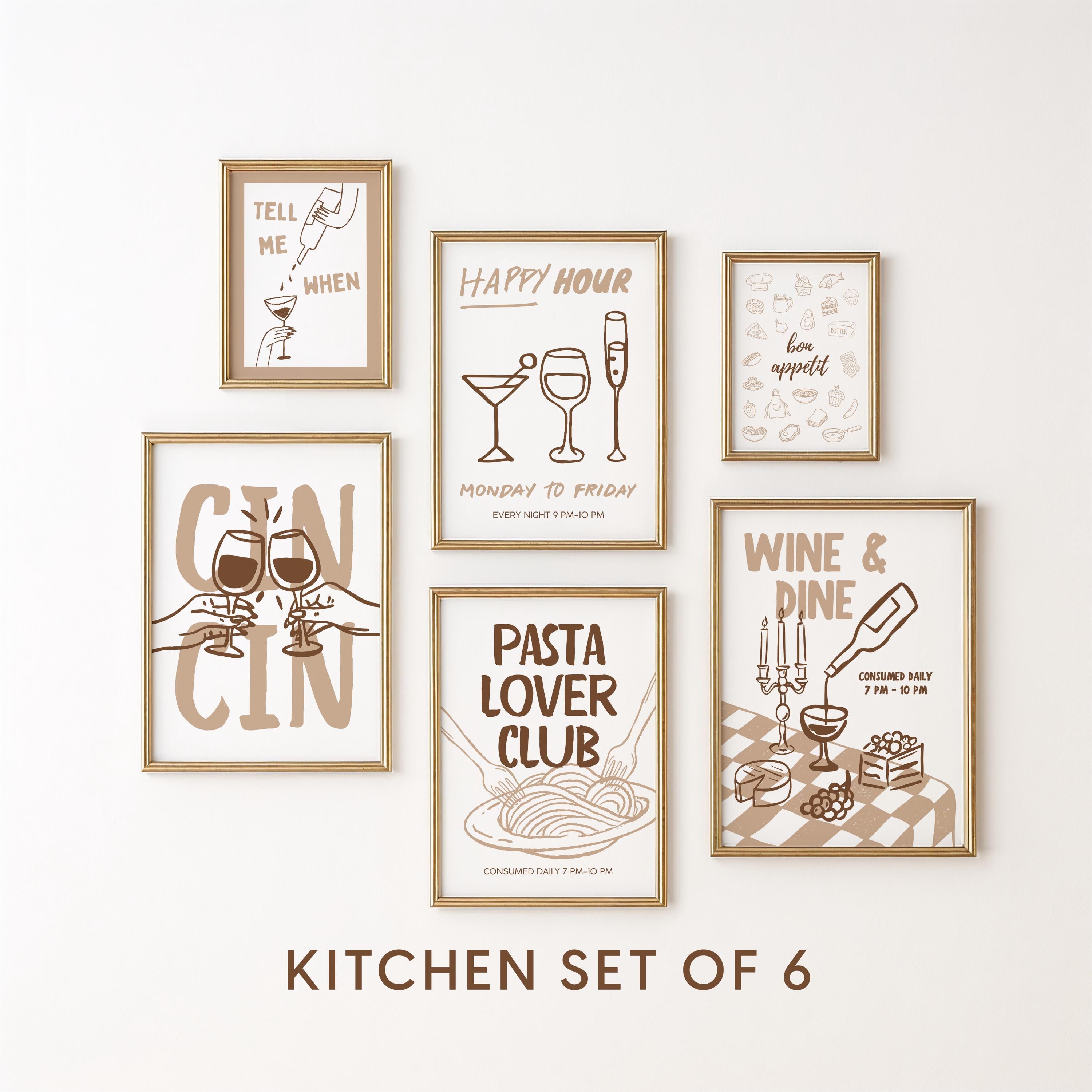 Kitchen Wall Art Set of 6, Cin Cin Wine Posters, Pasta Lover Club Art, Happy Hour Dining Decor, Neutral Kitchen Prints, Bar Cart Bundle