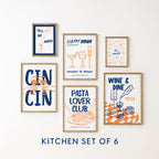 Italian Kitchen Wall Art Set of 6, Wine and Pasta Printable Bundle, Happy Hour Bar Cart Prints, Navy Orange Kitchen Decor, Wine Lover Gift
