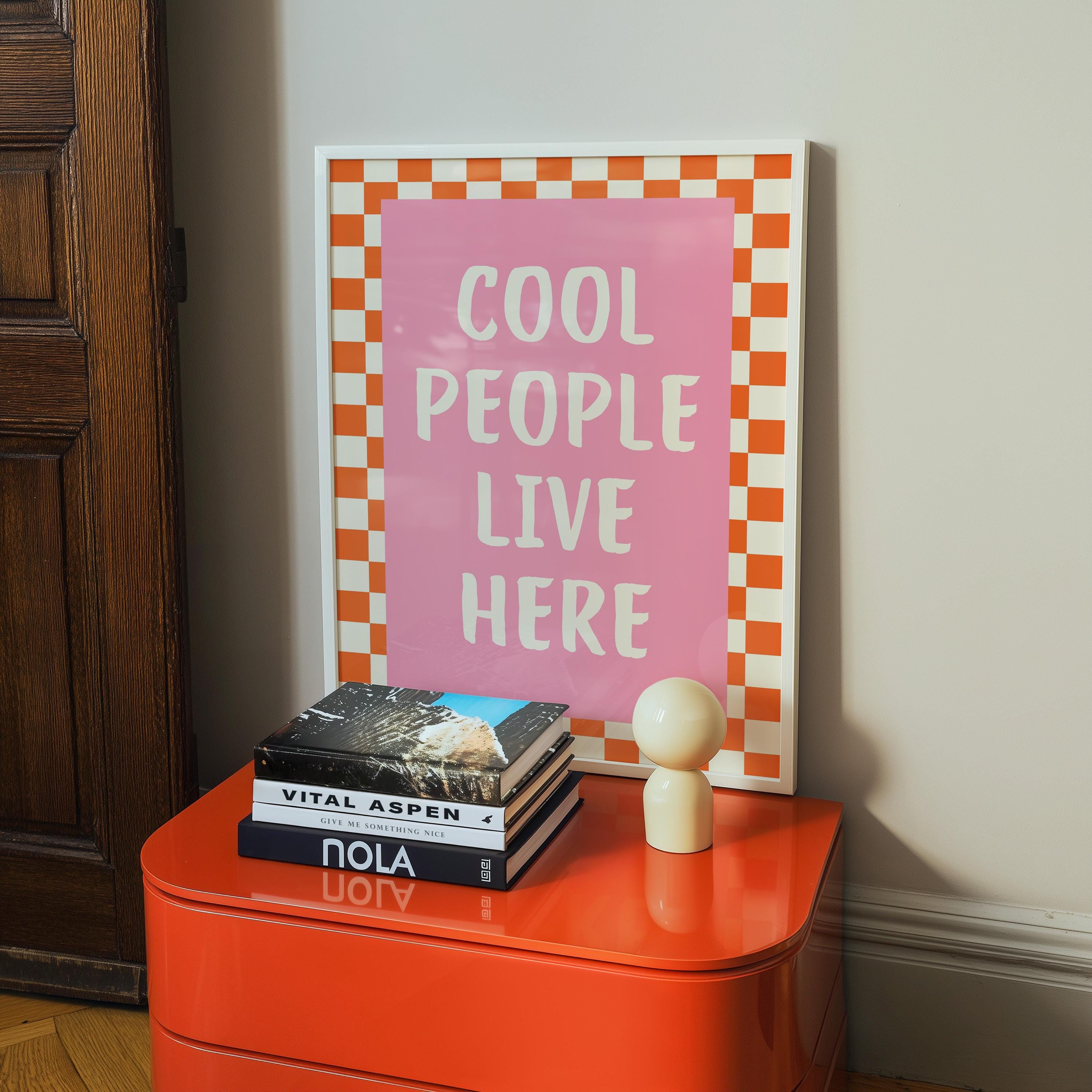 Dopamine Wall Art Printable, Cool People Live Here Poster, Retro Pink Checkered Decor, Funky Apartment Wall Art, Trendy Maximalist Print