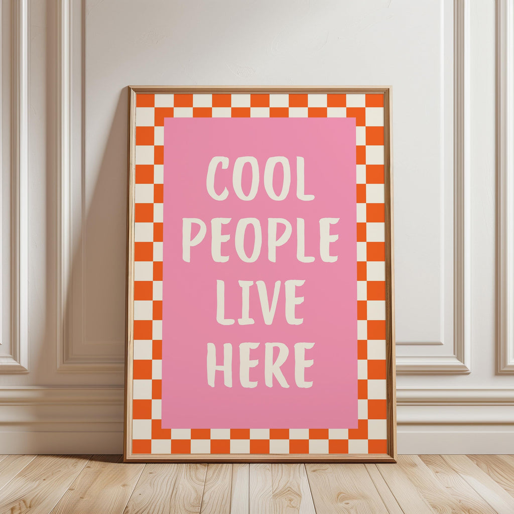 Dopamine Wall Art Printable, Cool People Live Here Poster, Retro Pink Checkered Decor, Funky Apartment Wall Art, Trendy Maximalist Print