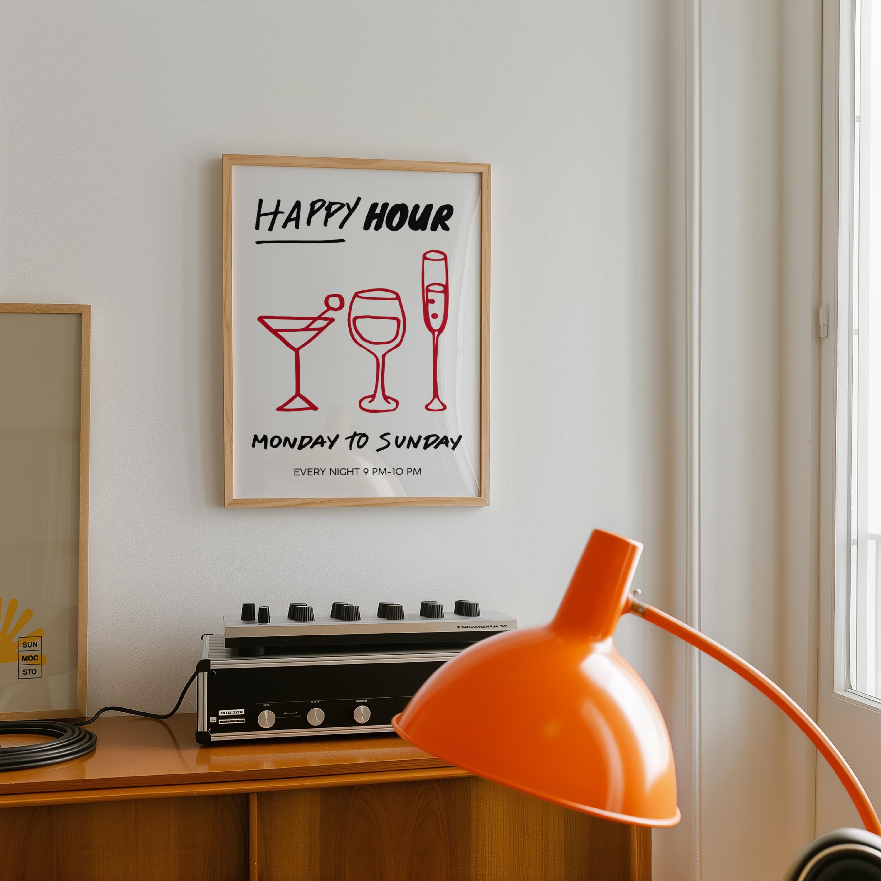 Kitchen Wall Art Set of 6, Wine & Pasta Prints, Happy Hour Poster Bundle, Red Black Minimal Kitchen Decor, Dining Room Gallery Wall Art
