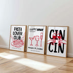 Kitchen Wall Art Set of 6, Wine & Pasta Prints, Happy Hour Poster Bundle, Red Black Minimal Kitchen Decor, Dining Room Gallery Wall Art