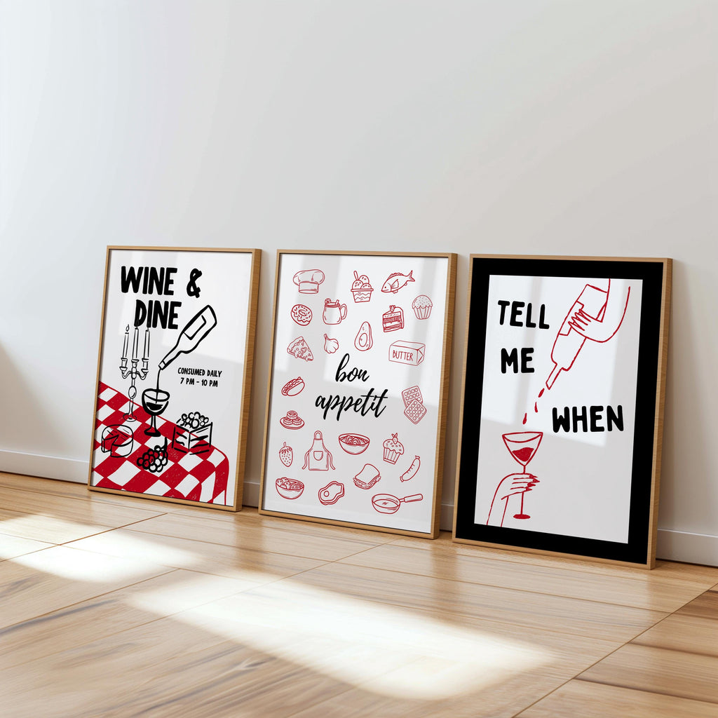Kitchen Wall Art Set of 6, Wine & Pasta Prints, Happy Hour Poster Bundle, Red Black Minimal Kitchen Decor, Dining Room Gallery Wall Art