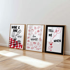 Kitchen Wall Art Set of 6, Wine & Pasta Prints, Happy Hour Poster Bundle, Red Black Minimal Kitchen Decor, Dining Room Gallery Wall Art