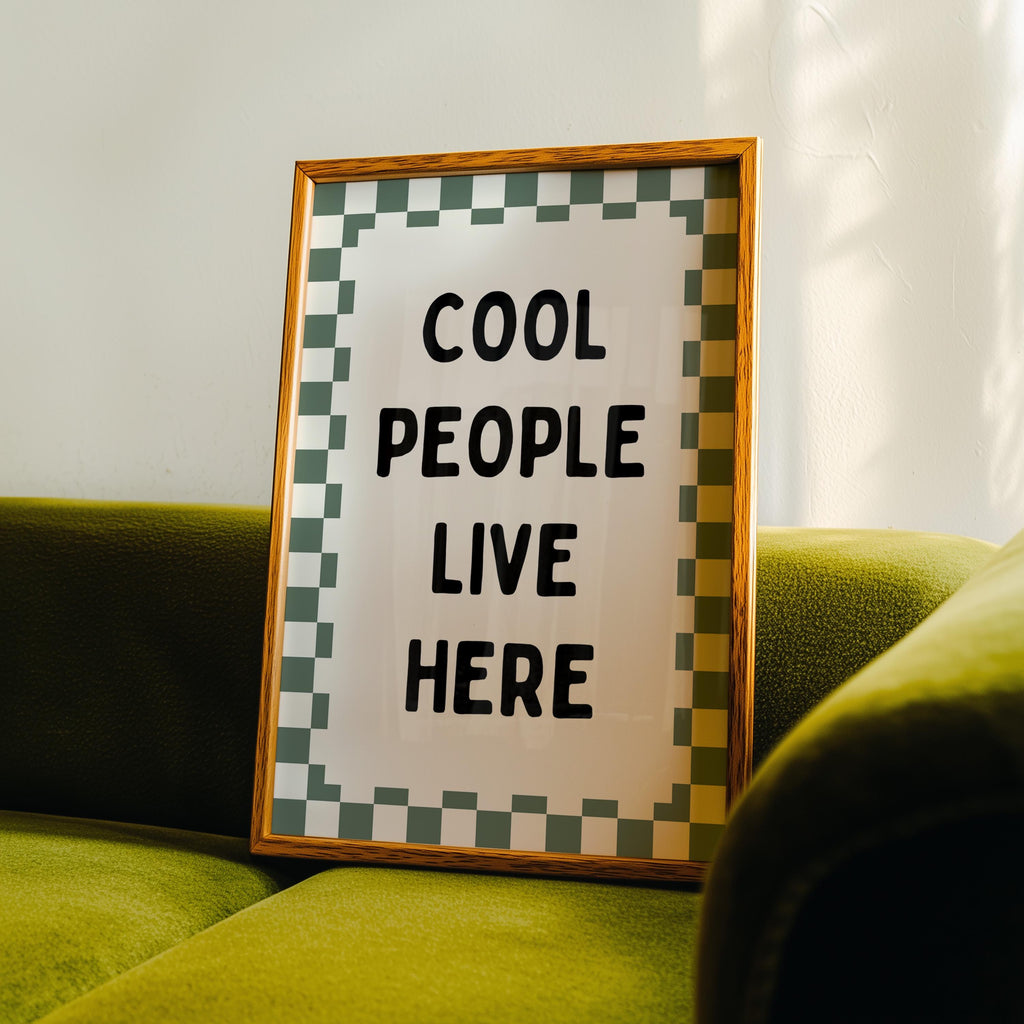 Cool People Live Here Print, Retro Kitchen Wall Art, Green Checkerboard Poster, Trendy Apartment Decor, Modern Typography Printable Art