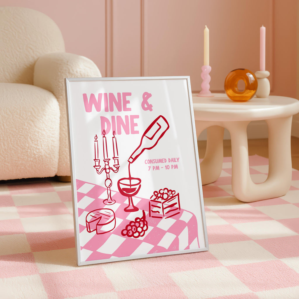 Dopamine Pink Kitchen Wall Art Set of 6, Wine Lover Printable Bundle, Italian Pasta Decor, Happy Hour Bar Cart Print Romantic Maximalist Art