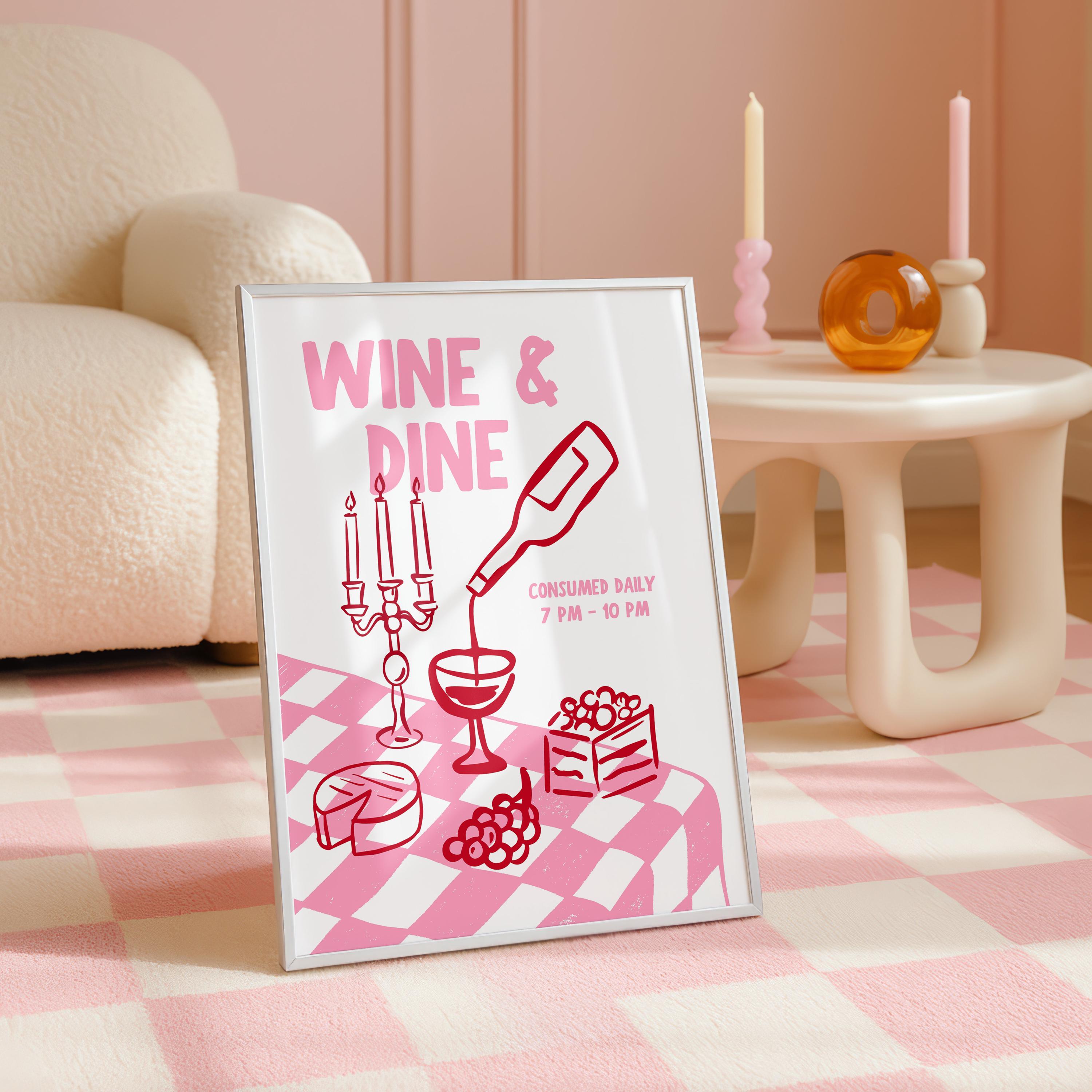 Dopamine Pink Kitchen Wall Art Set of 6, Wine Lover Printable Bundle, Italian Pasta Decor, Happy Hour Bar Cart Print Romantic Maximalist Art