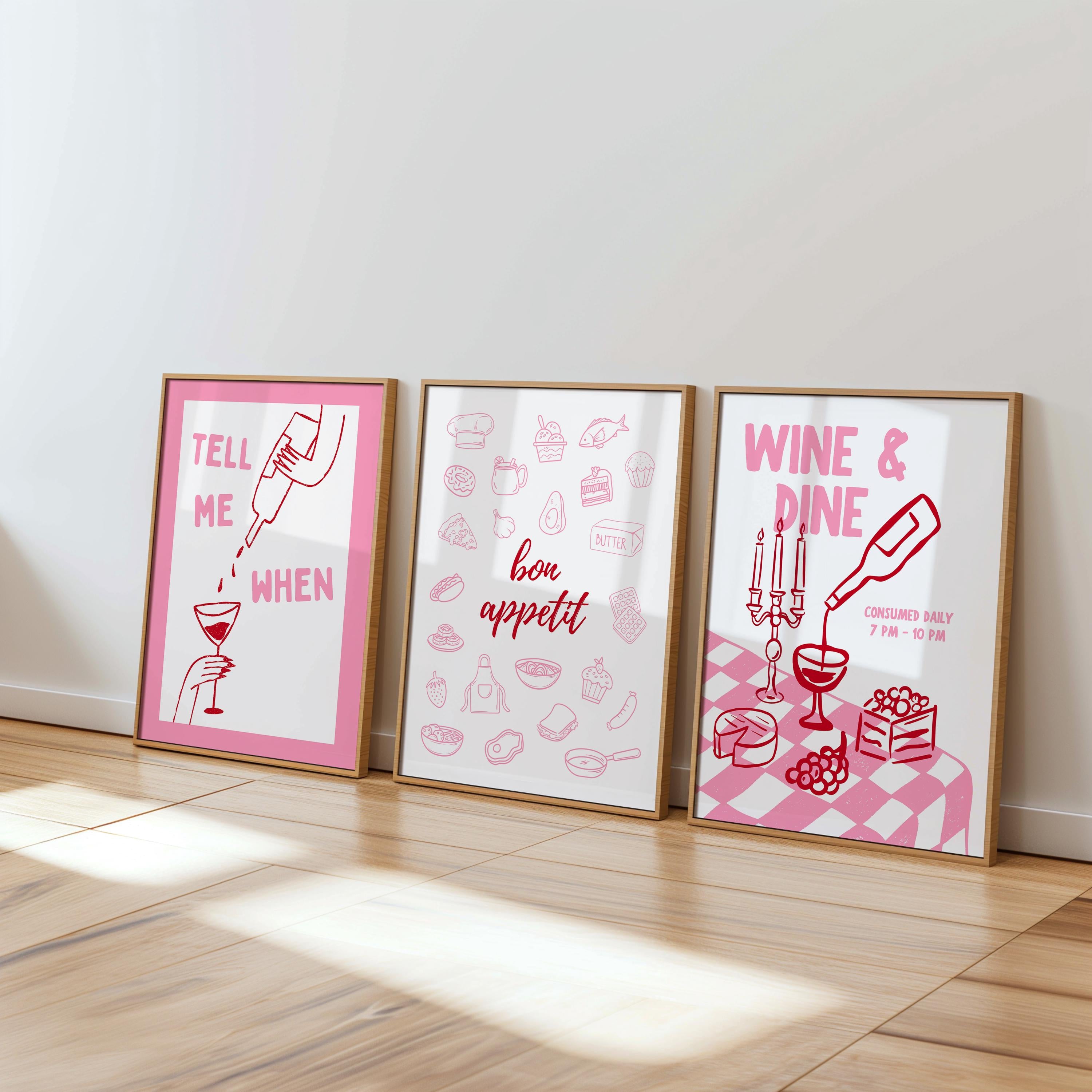 Dopamine Pink Kitchen Wall Art Set of 6, Wine Lover Printable Bundle, Italian Pasta Decor, Happy Hour Bar Cart Print Romantic Maximalist Art