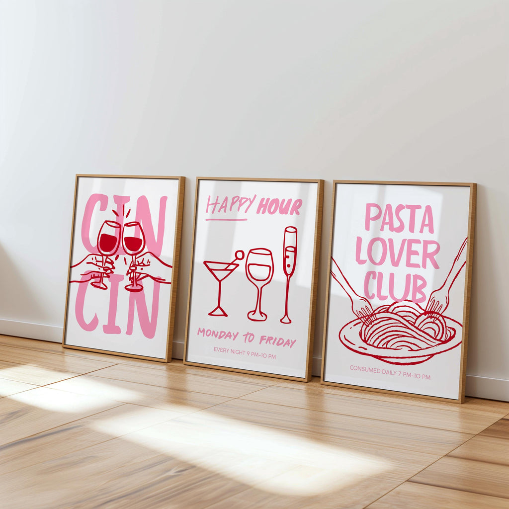 Dopamine Pink Kitchen Wall Art Set of 6, Wine Lover Printable Bundle, Italian Pasta Decor, Happy Hour Bar Cart Print Romantic Maximalist Art