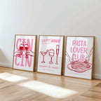 Dopamine Pink Kitchen Wall Art Set of 6, Wine Lover Printable Bundle, Italian Pasta Decor, Happy Hour Bar Cart Print Romantic Maximalist Art