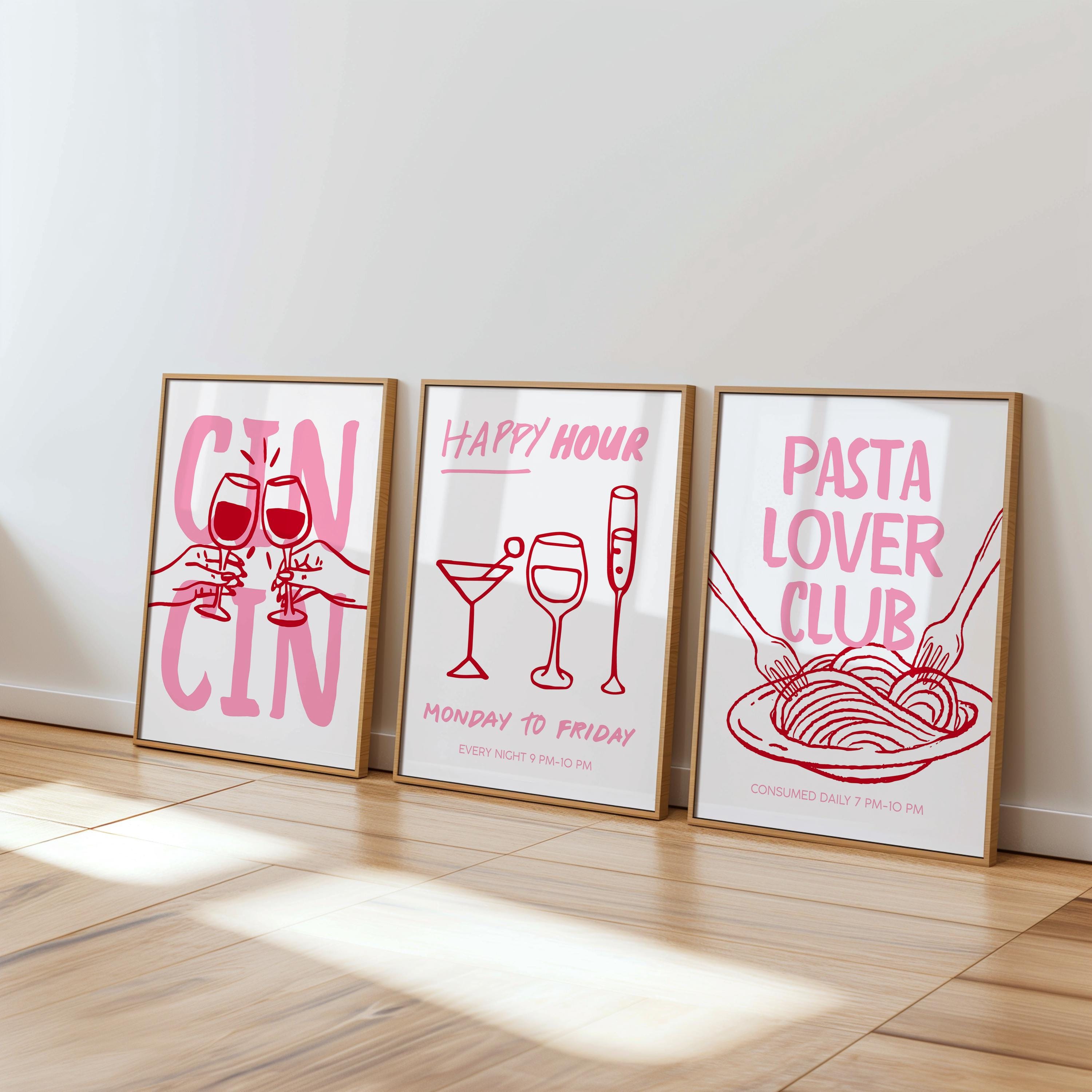 Dopamine Pink Kitchen Wall Art Set of 6, Wine Lover Printable Bundle, Italian Pasta Decor, Happy Hour Bar Cart Print Romantic Maximalist Art