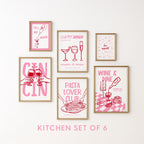 Dopamine Pink Kitchen Wall Art Set of 6, Wine Lover Printable Bundle, Italian Pasta Decor, Happy Hour Bar Cart Print Romantic Maximalist Art