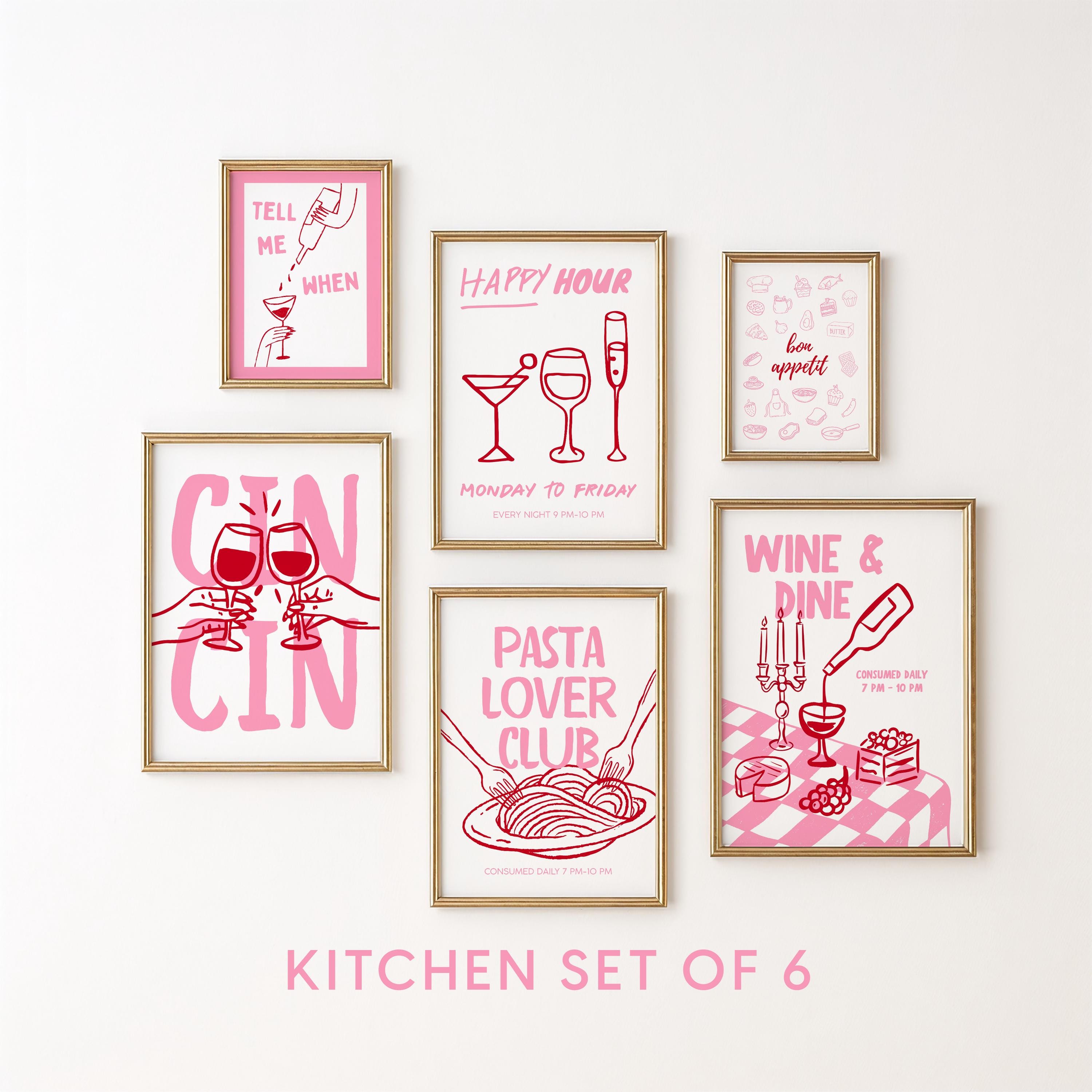 Dopamine Pink Kitchen Wall Art Set of 6, Wine Lover Printable Bundle, Italian Pasta Decor, Happy Hour Bar Cart Print Romantic Maximalist Art