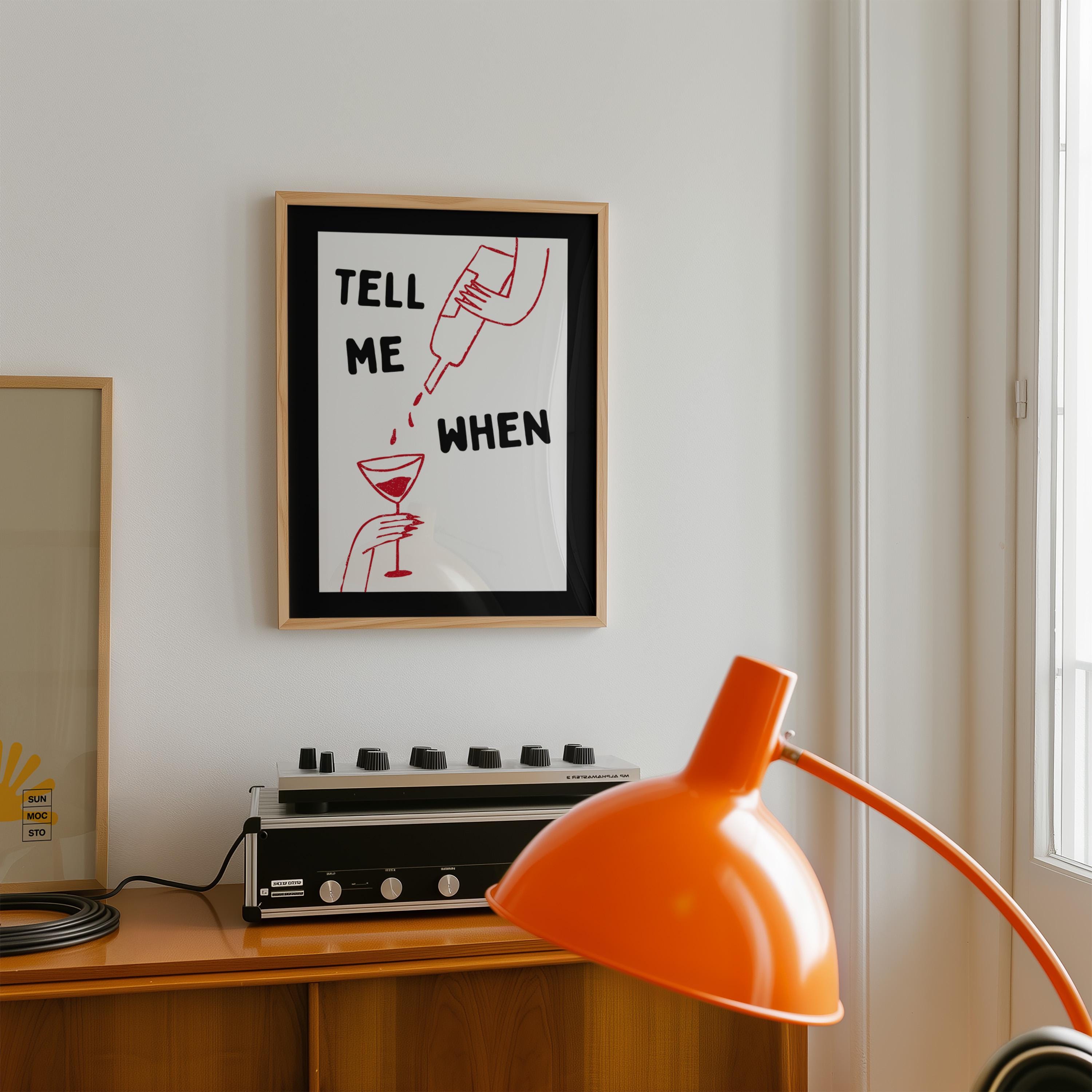 Tell Me When Printable Wall Art, Funny Cocktail Poster, Black Bar Cart Decor, Minimal Red Line Art Print, Trendy Home Bar Digital Download