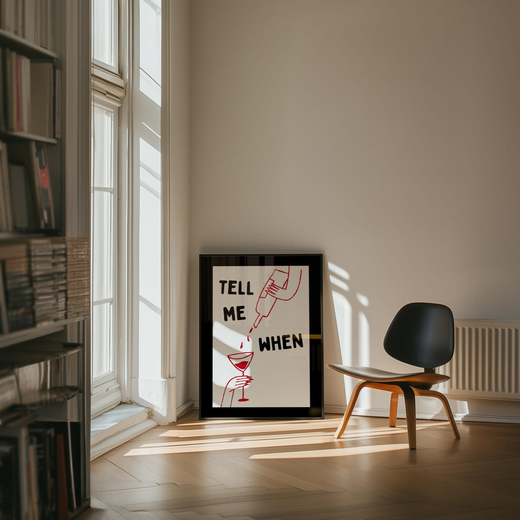 Tell Me When Printable Wall Art, Funny Cocktail Poster, Black Bar Cart Decor, Minimal Red Line Art Print, Trendy Home Bar Digital Download