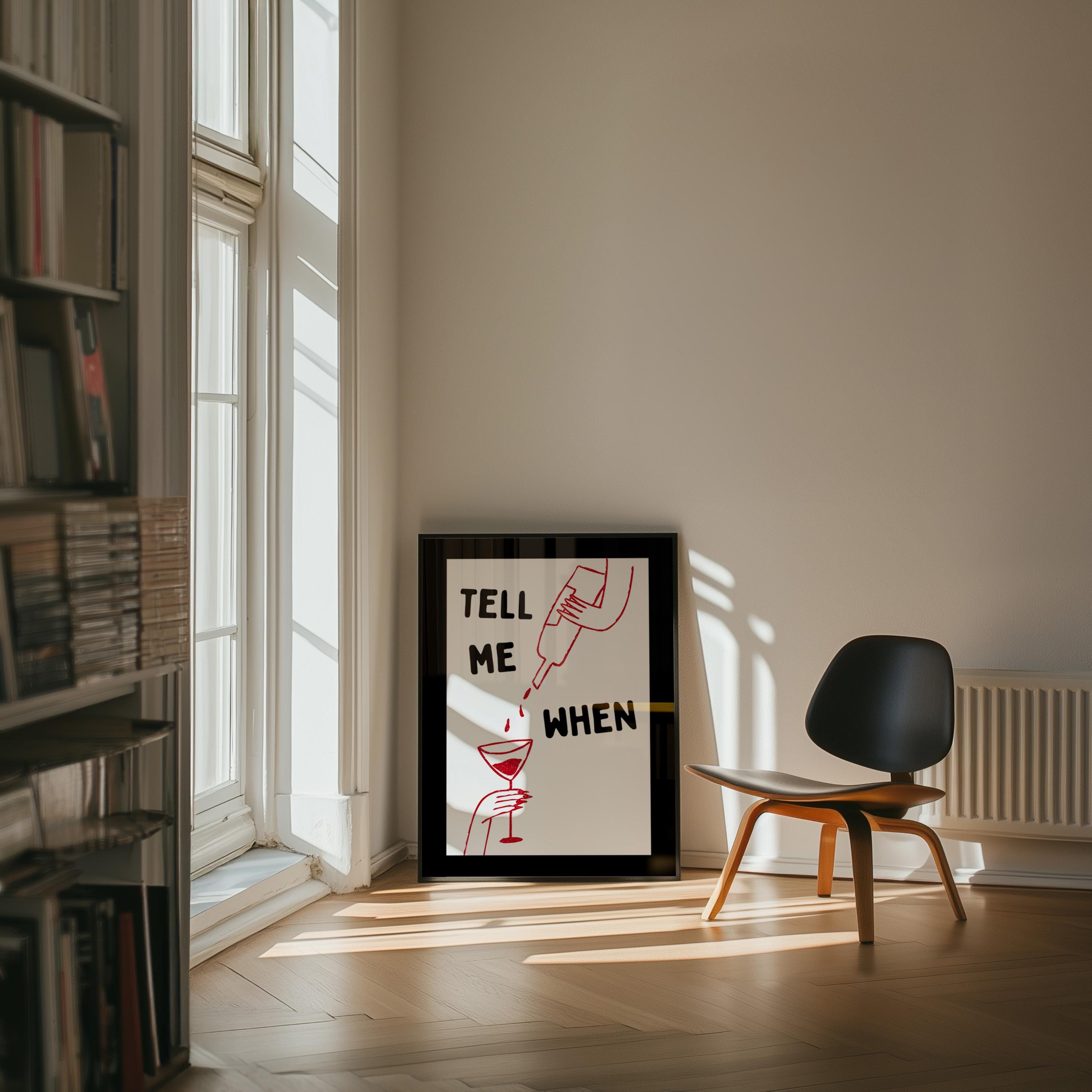 Tell Me When Printable Wall Art, Funny Cocktail Poster, Black Bar Cart Decor, Minimal Red Line Art Print, Trendy Home Bar Digital Download