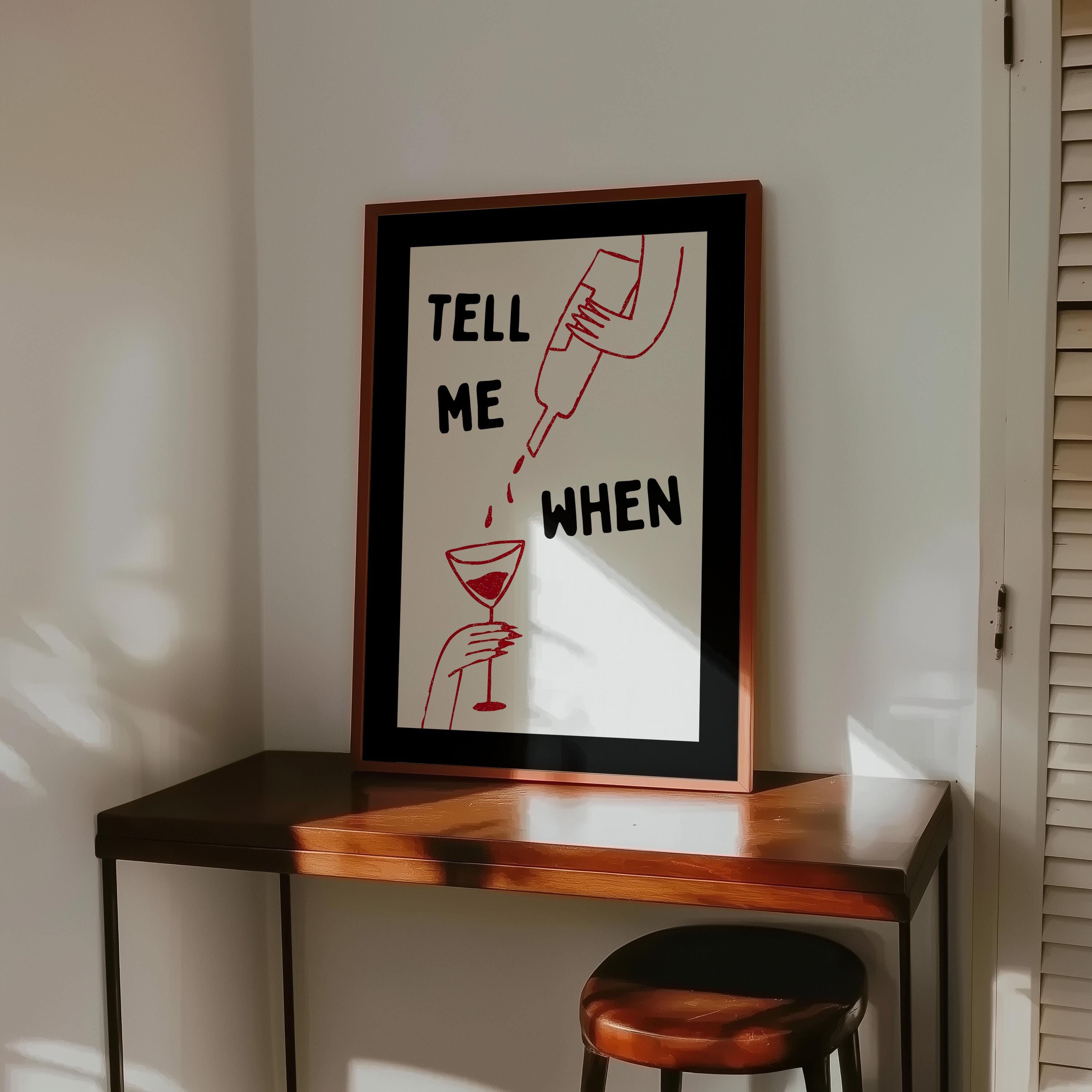 Tell Me When Printable Wall Art, Funny Cocktail Poster, Black Bar Cart Decor, Minimal Red Line Art Print, Trendy Home Bar Digital Download