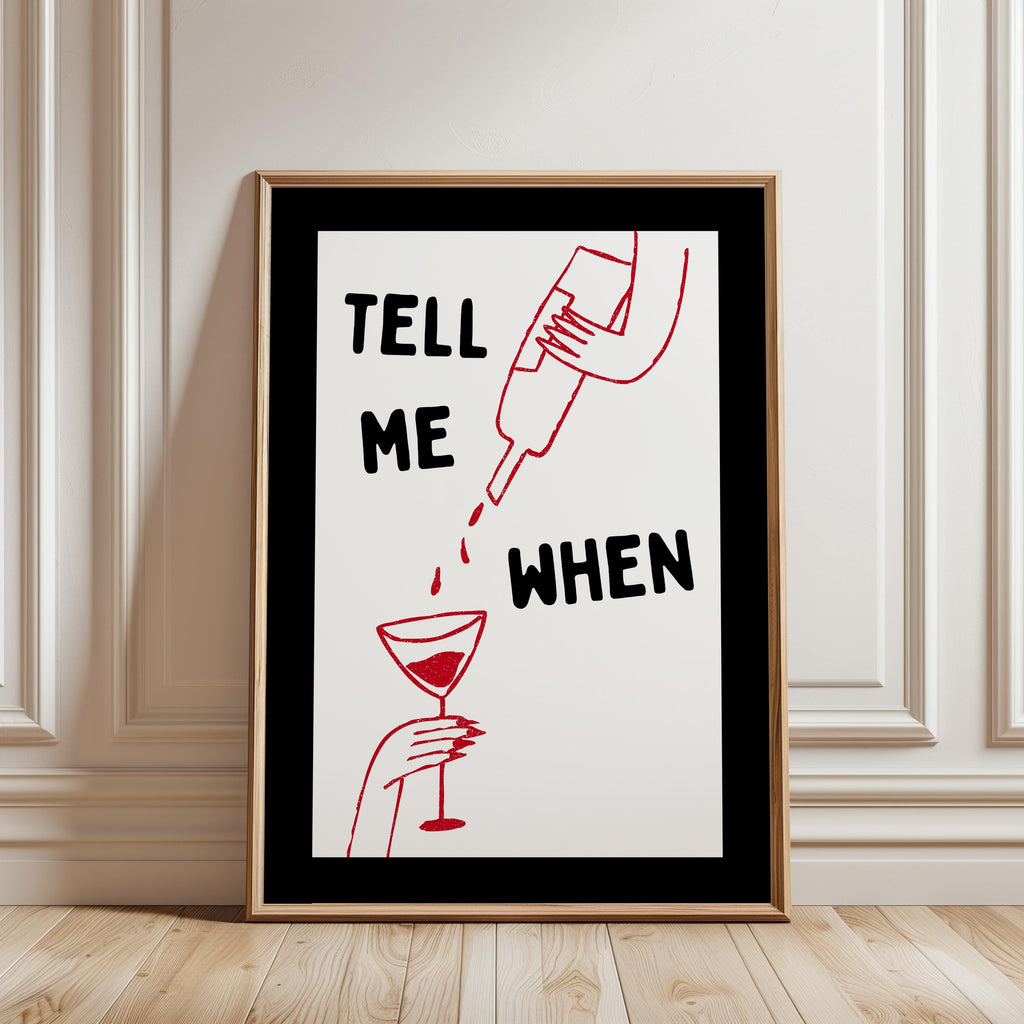 Tell Me When Printable Wall Art, Funny Cocktail Poster, Black Bar Cart Decor, Minimal Red Line Art Print, Trendy Home Bar Digital Download