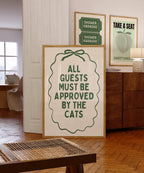 All Guests Must Be Approved By The Cats Print Wall Art, Vintage Green Cat Quote Poster, Cottagecore Cat Mom Decor, Minimal Typography Print