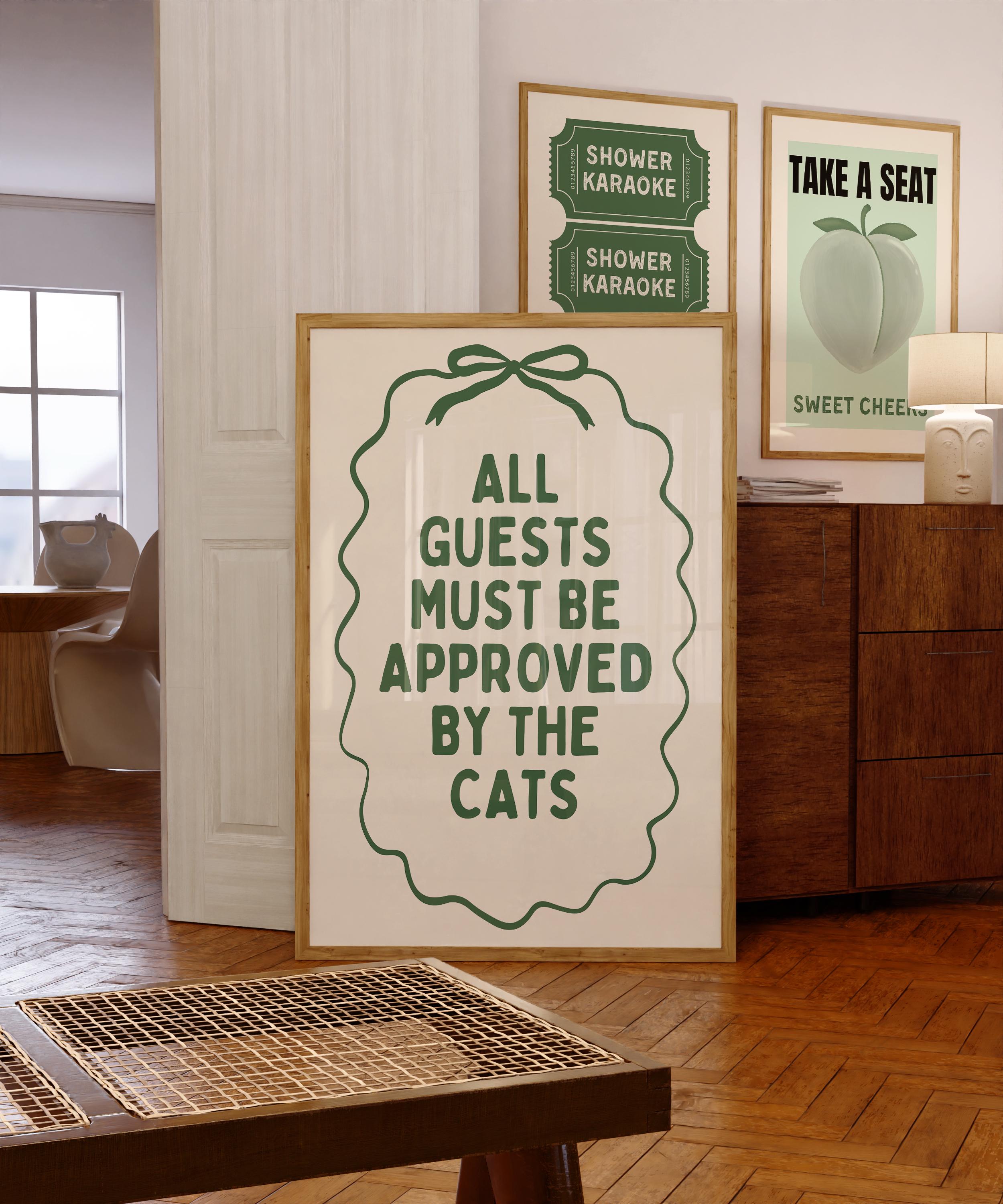 All Guests Must Be Approved By The Cats Print Wall Art, Vintage Green Cat Quote Poster, Cottagecore Cat Mom Decor, Minimal Typography Print
