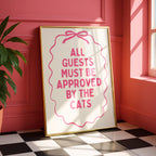 All Guests Must Be Approved By The Cats Printable Wall Art, Pink Cat Quote Poster, Girly Apartment Decor, Funny Cat Mom Print, Digital