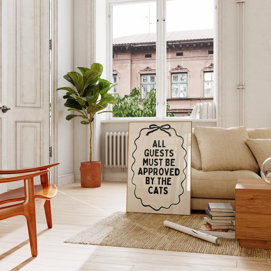 All Guests Must Be Approved By The Cats Printable Wall Art, Funny Cat Quote Poster, Minimal Black Typography Print, Modern Cat Mom Decor