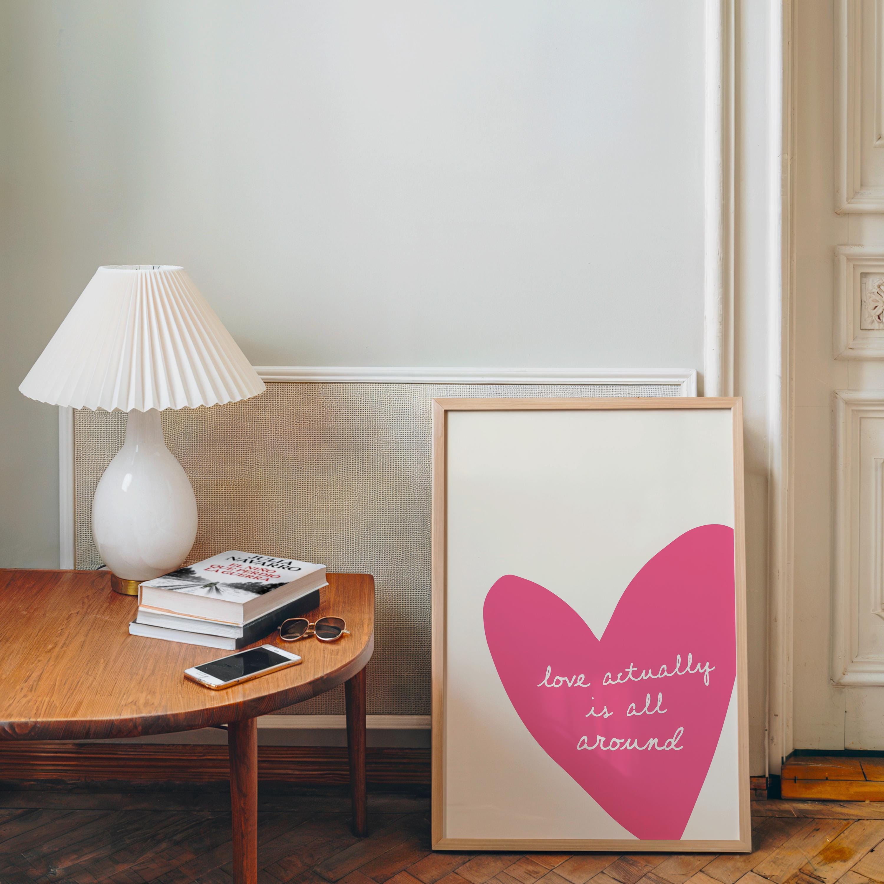 Love Actually Is All Around Print, Pink Heart Wall Art, Romantic Minimal Poster, Valentine Gift, Girly Room Decor, Modern Love Quote Art