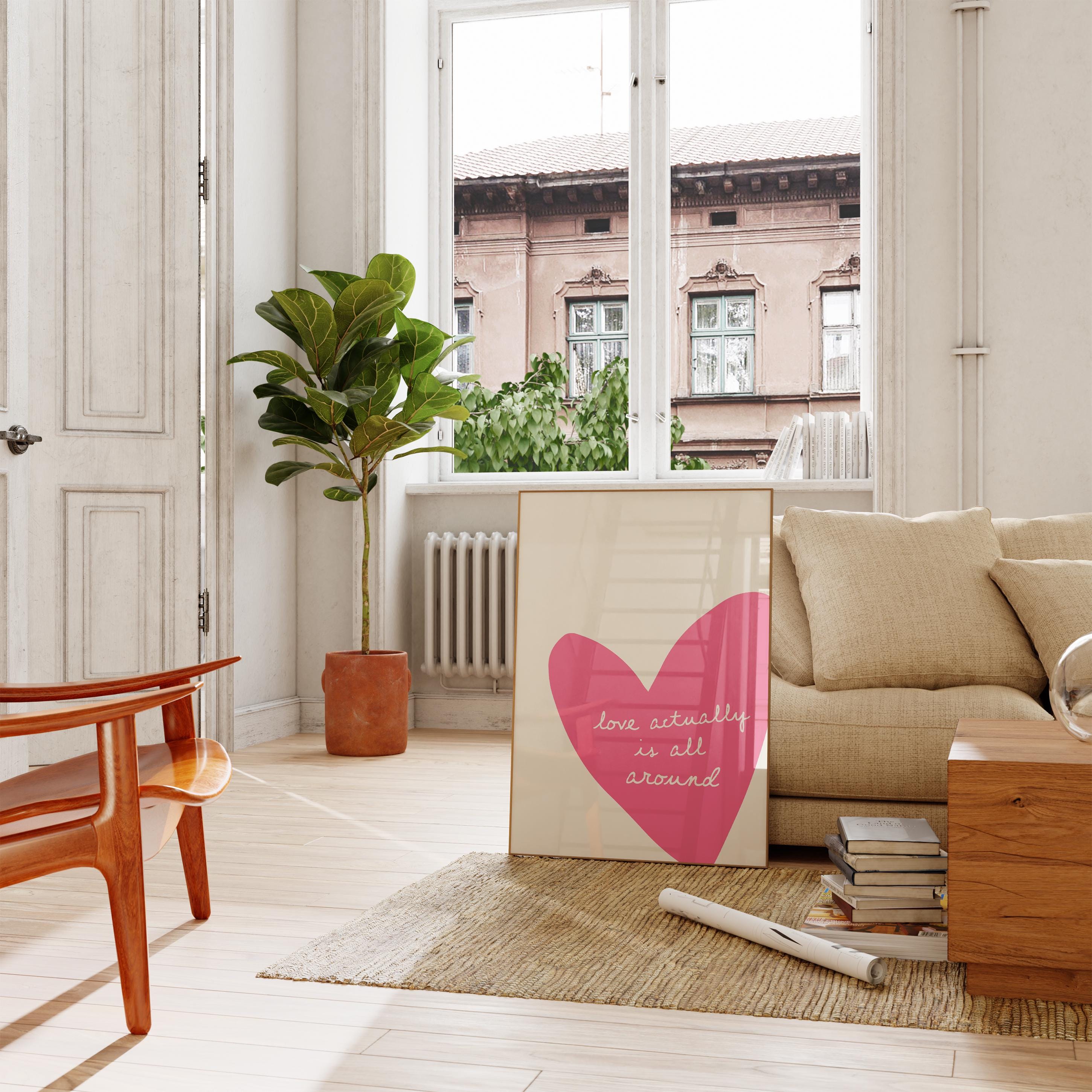 Love Actually Is All Around Print, Pink Heart Wall Art, Romantic Minimal Poster, Valentine Gift, Girly Room Decor, Modern Love Quote Art