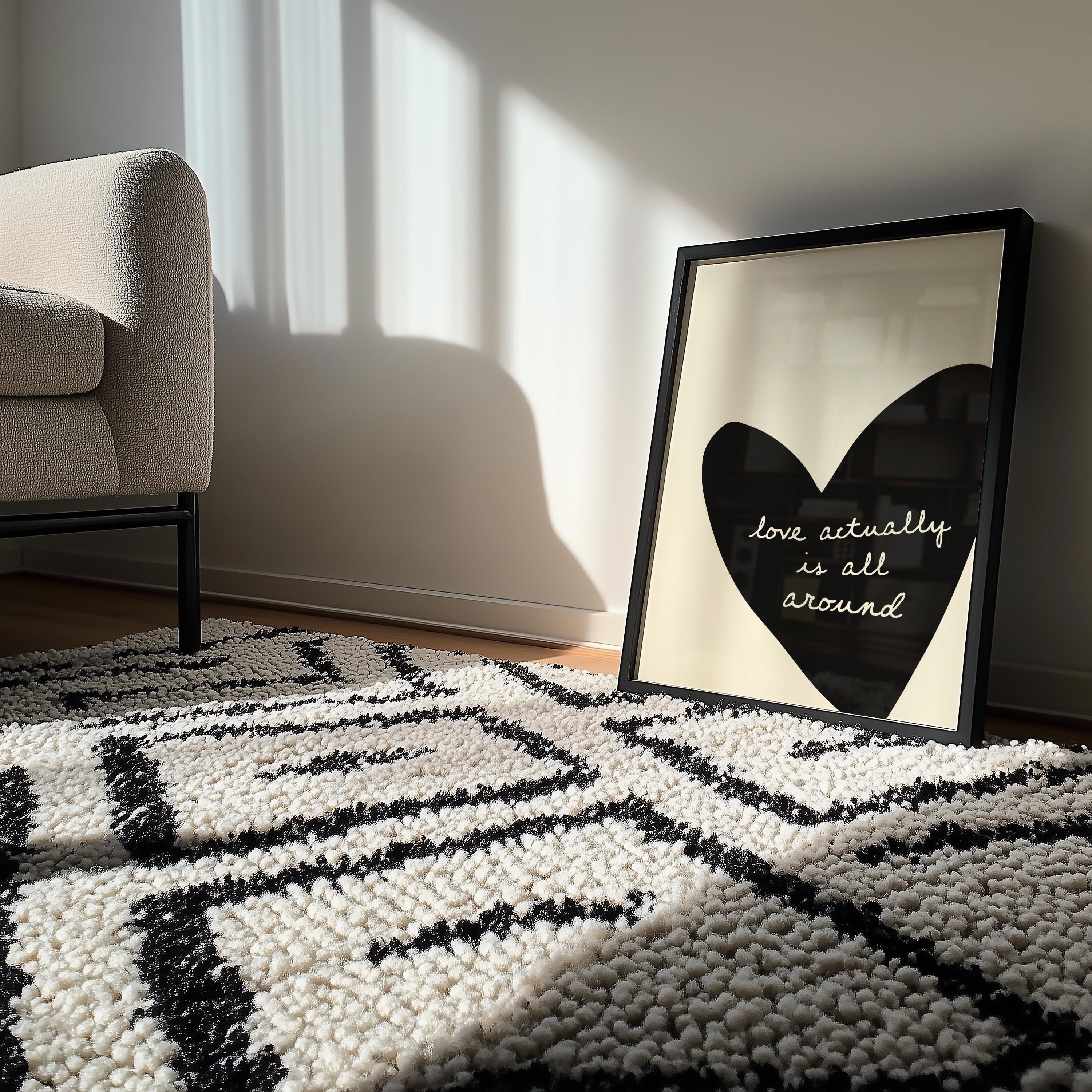 Love Actually Is All Around Print, Black Heart Wall Art, Minimal Romantic Quote Poster, Modern Neutral Living Room Decor, Trendy Print