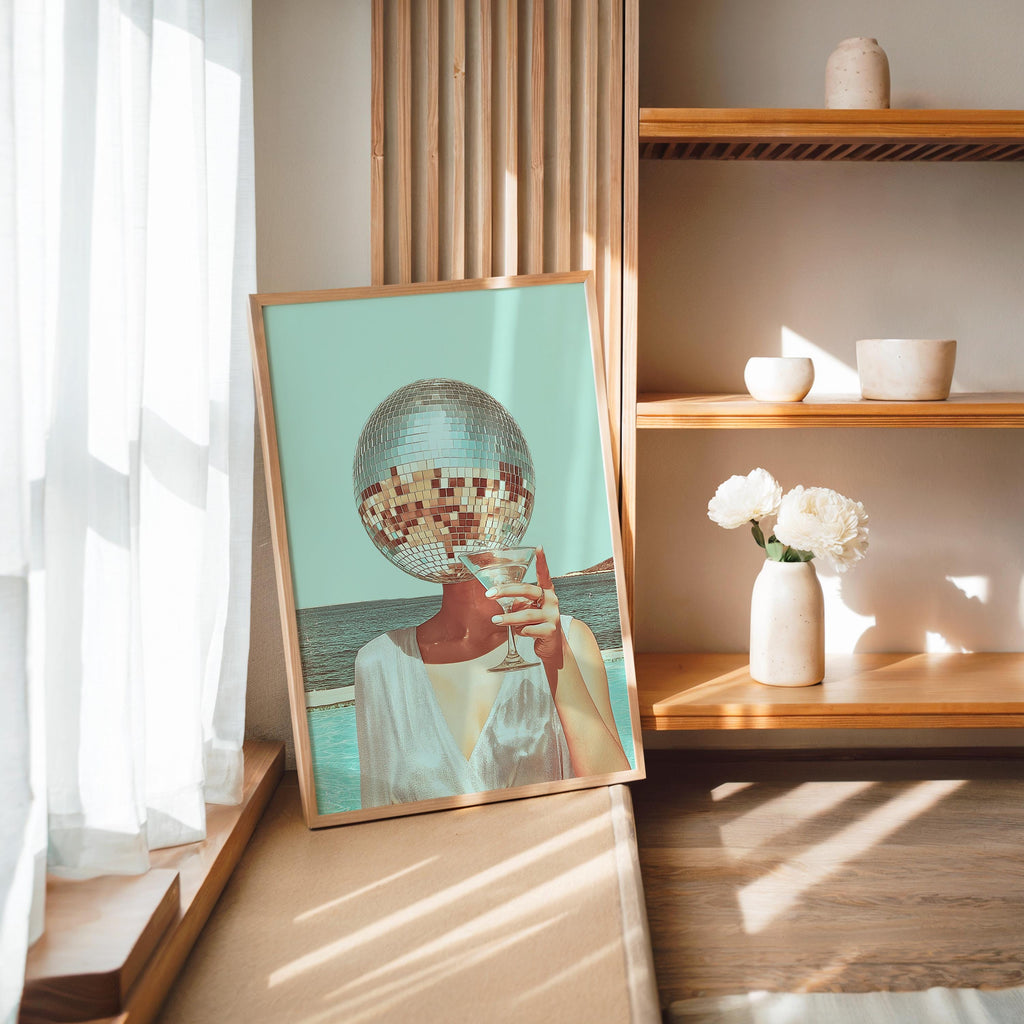Disco Ball Head Woman Print, Surreal Cocktail Wall Art, Retro Mint Aesthetic Poster, Funky Bar Cart Decor, Trendy Summer Print