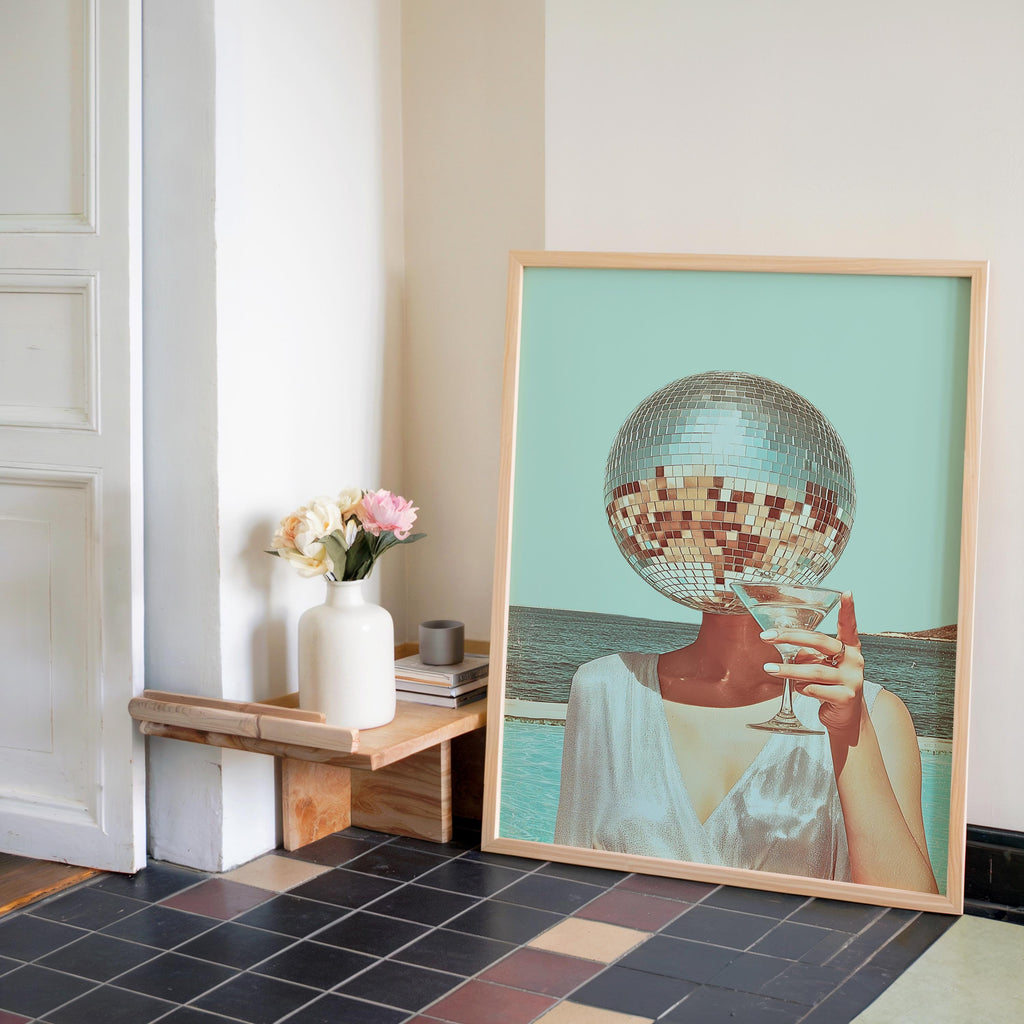 Disco Ball Head Woman Print, Surreal Cocktail Wall Art, Retro Mint Aesthetic Poster, Funky Bar Cart Decor, Trendy Summer Print