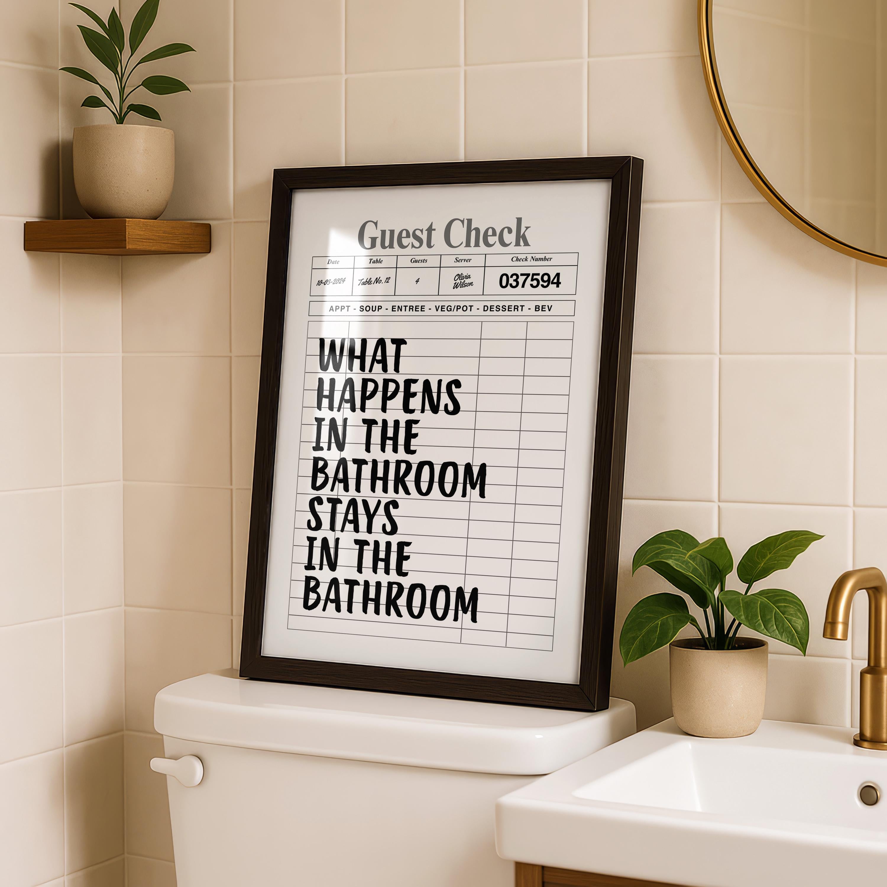 What Happens In The Bathroom Stays In The Bathroom Print, Funny Guest Check Poster, Minimal Bathroom Wall Art, Modern Typography Decor