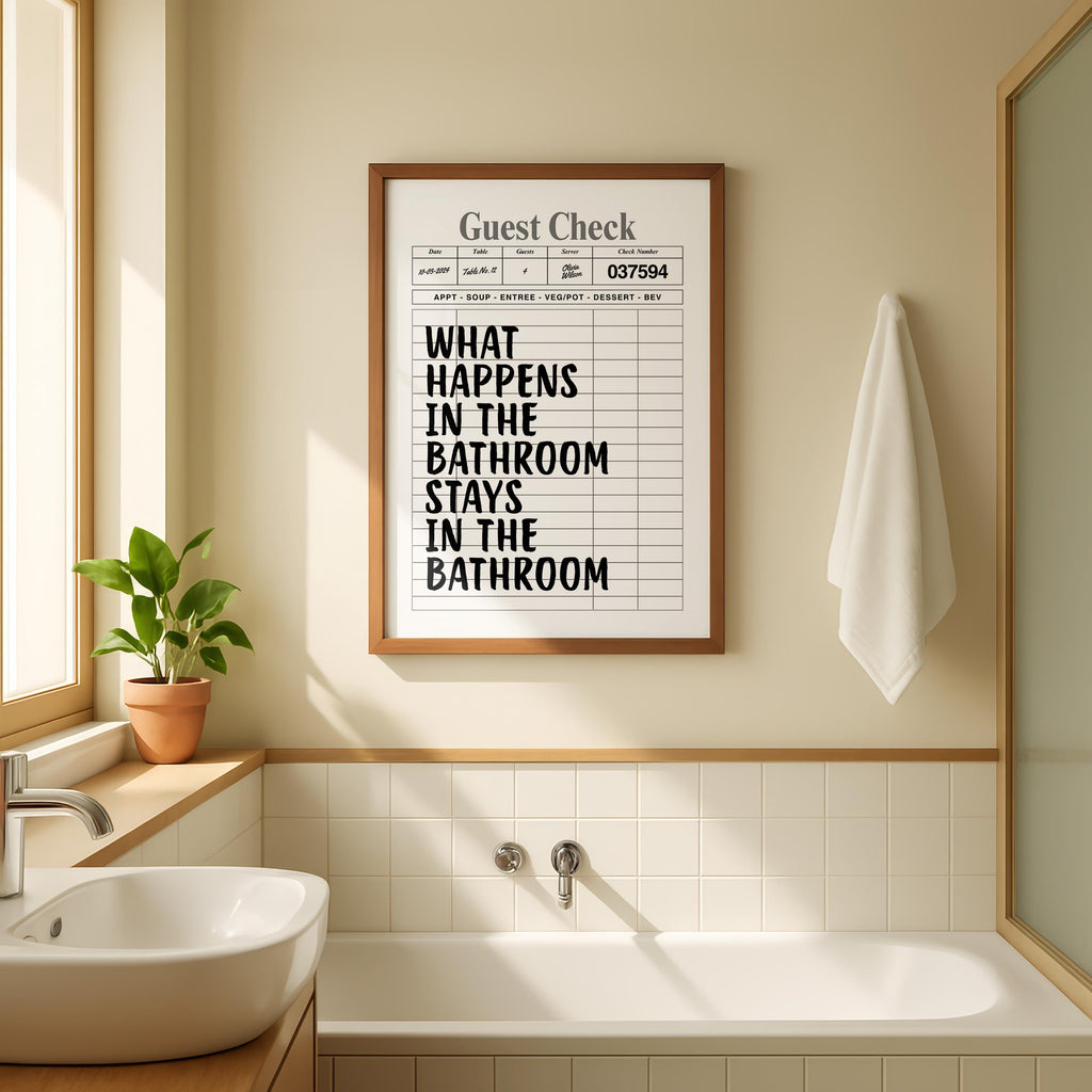 What Happens In The Bathroom Stays In The Bathroom Print, Funny Guest Check Poster, Minimal Bathroom Wall Art, Modern Typography Decor
