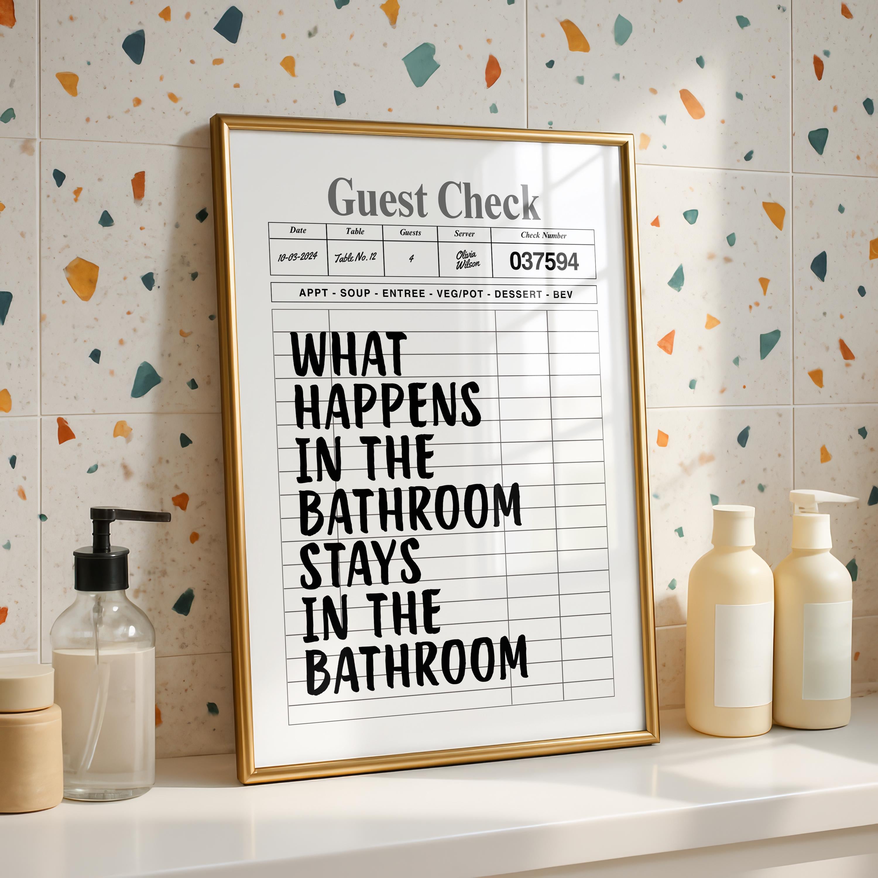 What Happens In The Bathroom Stays In The Bathroom Print, Funny Guest Check Poster, Minimal Bathroom Wall Art, Modern Typography Decor