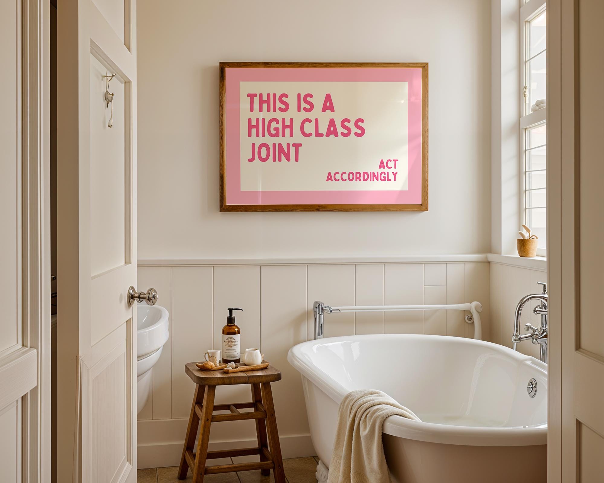 This Is A High Class Joint Print, Funny Bar Cart Wall Art, Pink Retro Typography Poster, Trendy Apartment Decor, Act Accordingly Sign