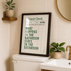 What Happens In The Bathroom Stays In The Bathroom Print, Funny Bathroom Wall Art, Green Typography Poster, Guest Check Bathroom Sign