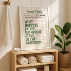 What Happens In The Bathroom Stays In The Bathroom Print, Funny Bathroom Wall Art, Green Typography Poster, Guest Check Bathroom Sign