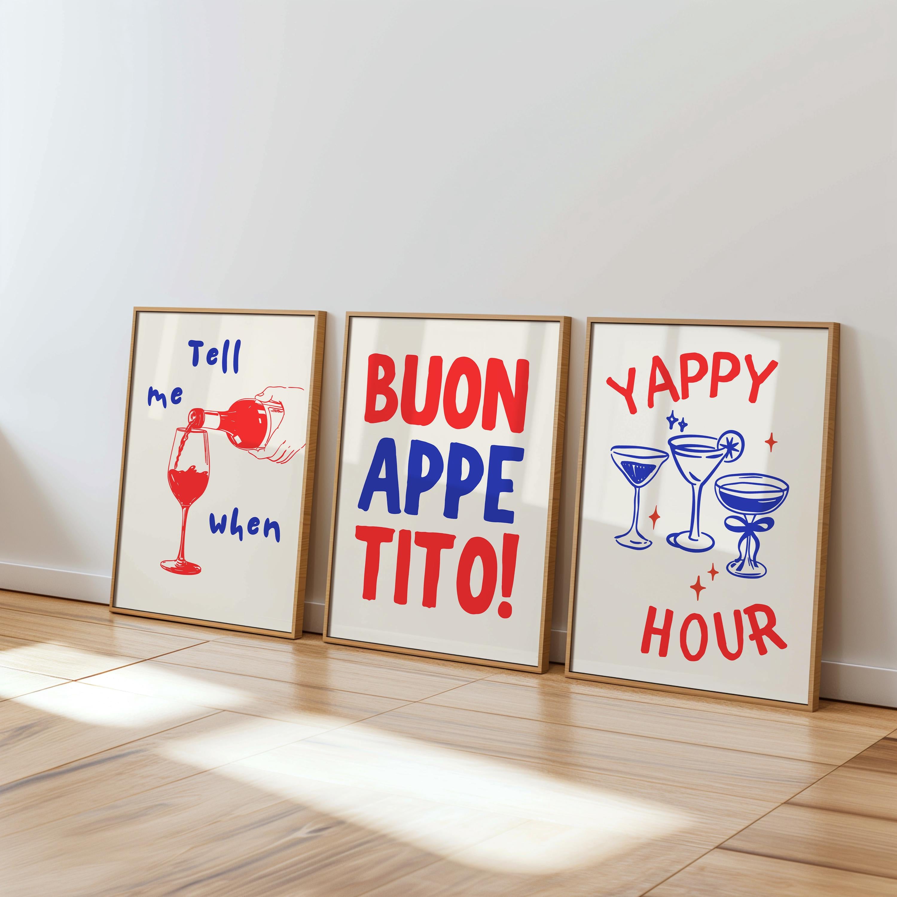Kitchen Wall Art Print Set, Food Digital Prints, Gallery Wall Set of 6, Retro Blue & Red Kitchen Prints, Italian Food Lover, Trendy Wall Art
